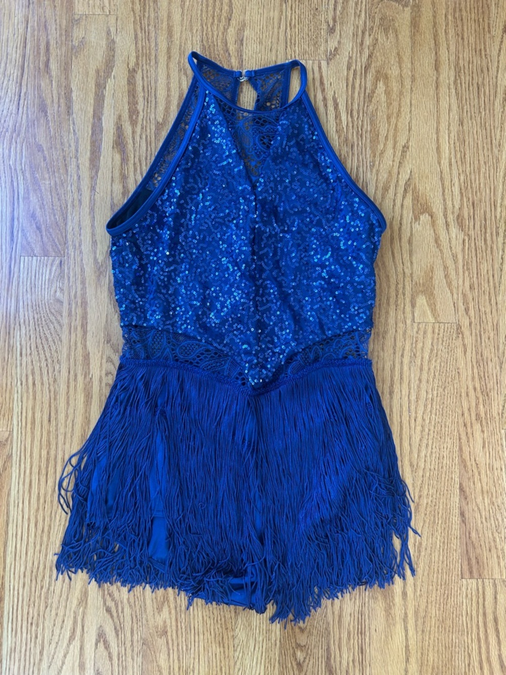 Weissman Cobalt Sequin Halter Romper with Fringe